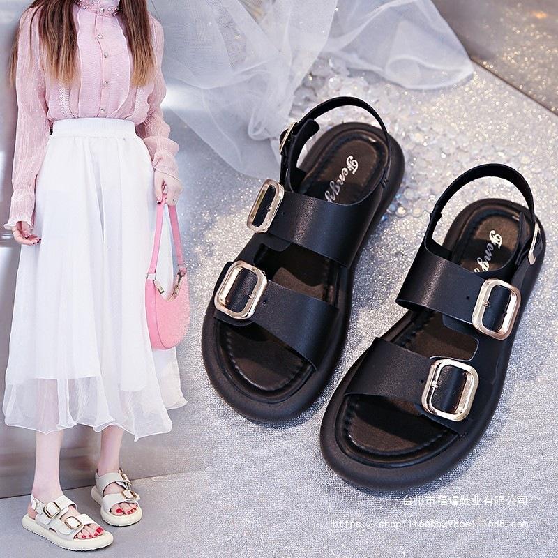 New thick-soled double-buckle sandals, retro belt buckle sandals, fashionable flat-heeled Roman beach women's shoes