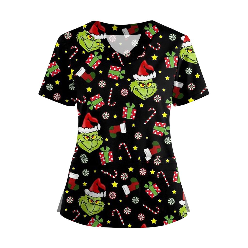 Damski T-shirt z krótkim rękawem z nadrukiem świątecznym, dekoltem w serek, zapinany na guziki z rozcięciem z boku