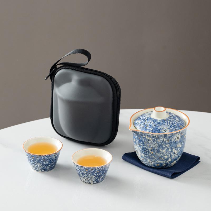 Ru Kiln Flower Travel Tea Set Business Gifts Travel Tea Set Kuaike Cup One Pot Three Cups Portable Cover Bowl Small Set