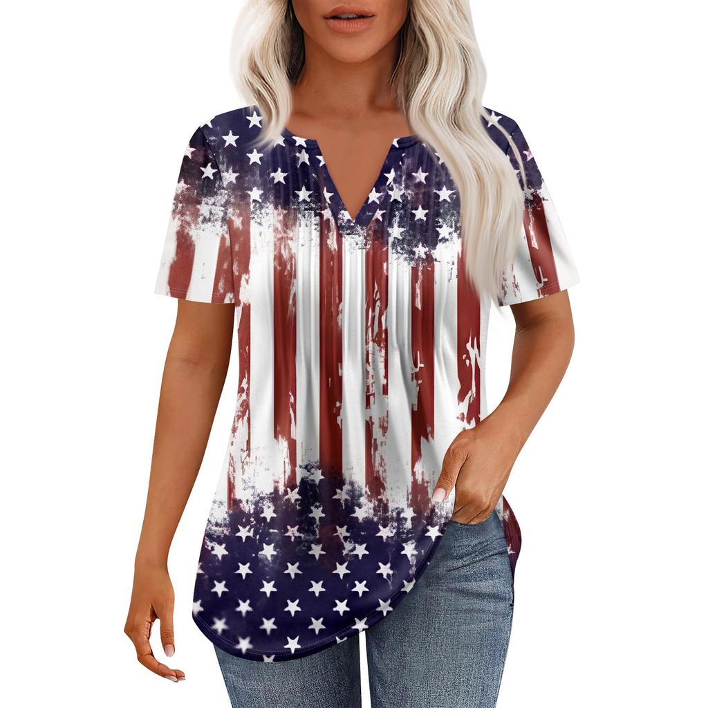Damenmode Lässig Plissee V-Ausschnitt Kurzarm T-Shirt Tops