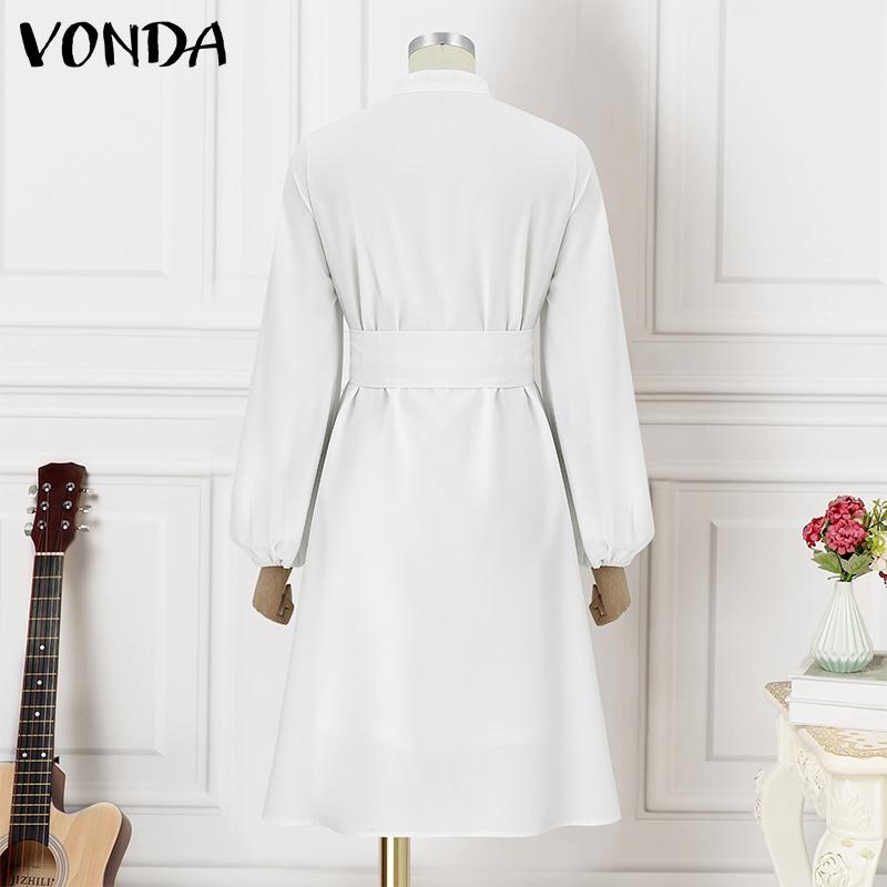VONDA Women Plus Size Fashion Solid Color Stand Collar Pocket Long Sleeve Dresses