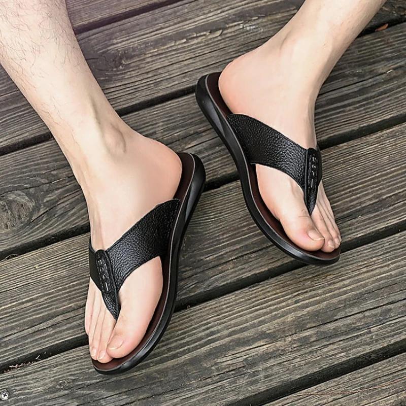Fashion Indoor Men's Shoe Shiatsu Flip Flops Walk Around Home Slides House Beach First Layer of Cowhide Low Price Original Male Slipper