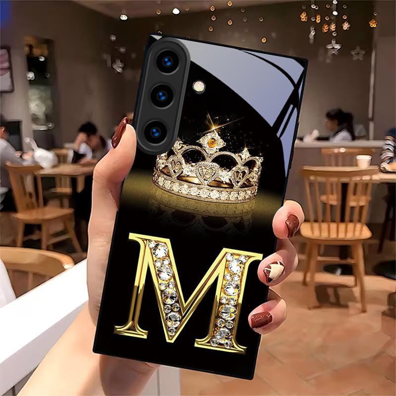 Diamond Crown Pattern Black Glass Phone Case For For Samsung Galaxy S26 S25 S26Ultra S25 Edge S24 FE S23 S22 S21 S20 Plus Cover