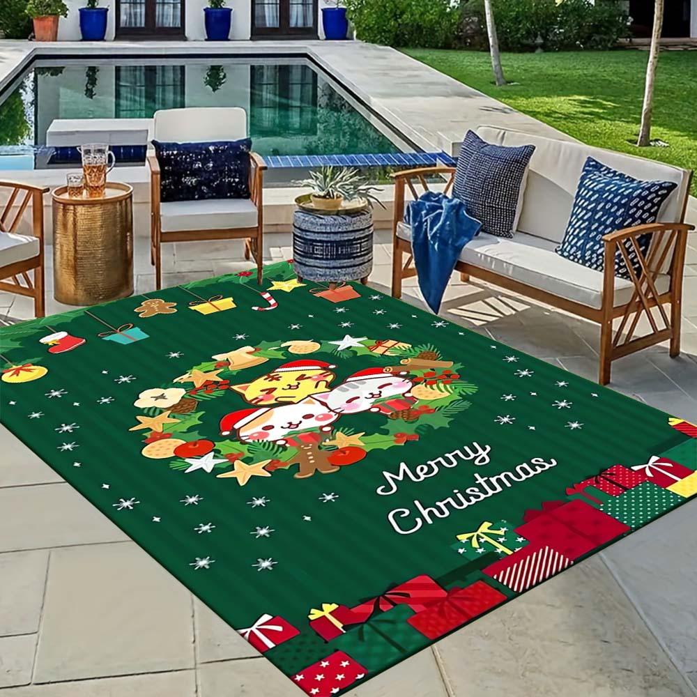 1pc Christmas Themed Rug, Three Kittens and Christmas Gifts Print, Bedside Carpet, Non slip Laundry Room Mat, Machine Washable Water Absorbi