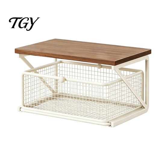 Compact Coffee Organizer Station with Drawer, Tiered Bar Organizer, Wooden Top Shelf, Desktop Storage Shelf Wire Mesh Drawers for Tea Bags, Capsules,