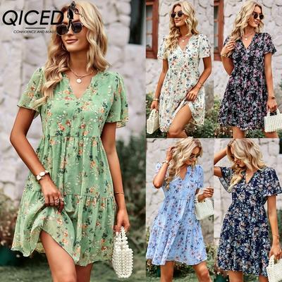Damenmode Sommer Frühling Kurzarm V-Ausschnitt Freizeitkleider