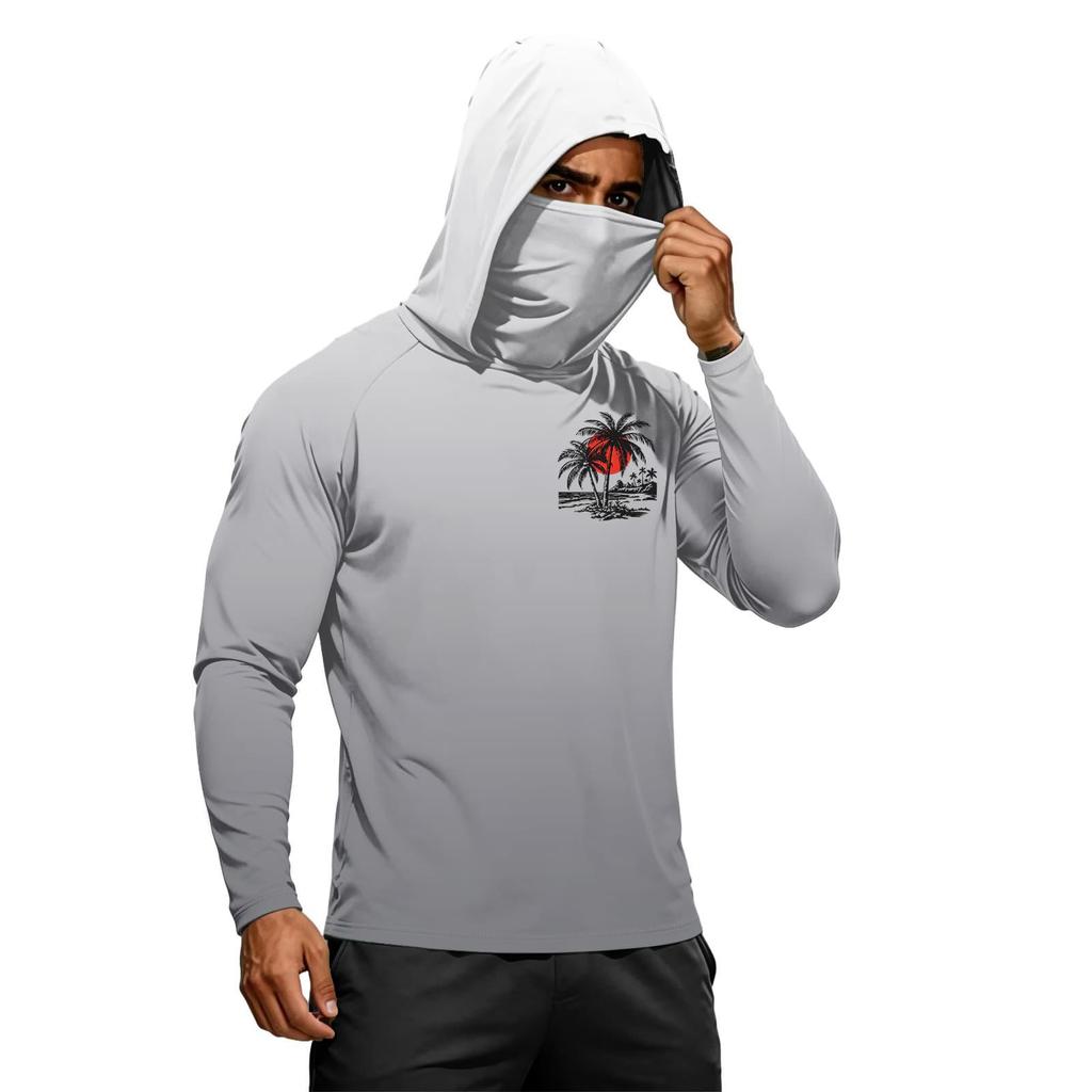 Men’s Long Sleeve Hooded Sun T Shirt with Tree Print Lightweight 50 Plus Quick Dry Athletic Top for Outdoor Sports