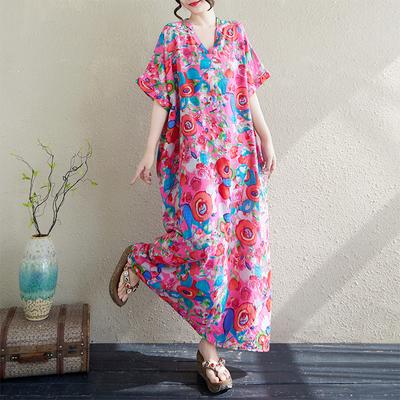 Plus Size Robe Summer Loose Dress for Women Bohemian Holiday Casual Short Sleeve Print Vintage Oversized Dresses