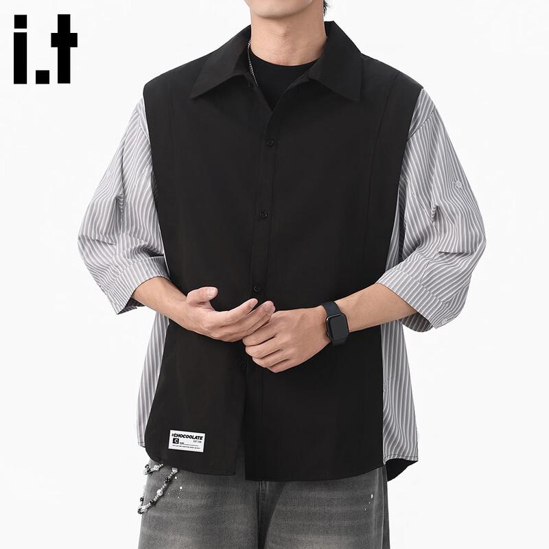 

CHOCOOLATE Men s Spliced Faux Two-Piece Short Sleeve Shirt L