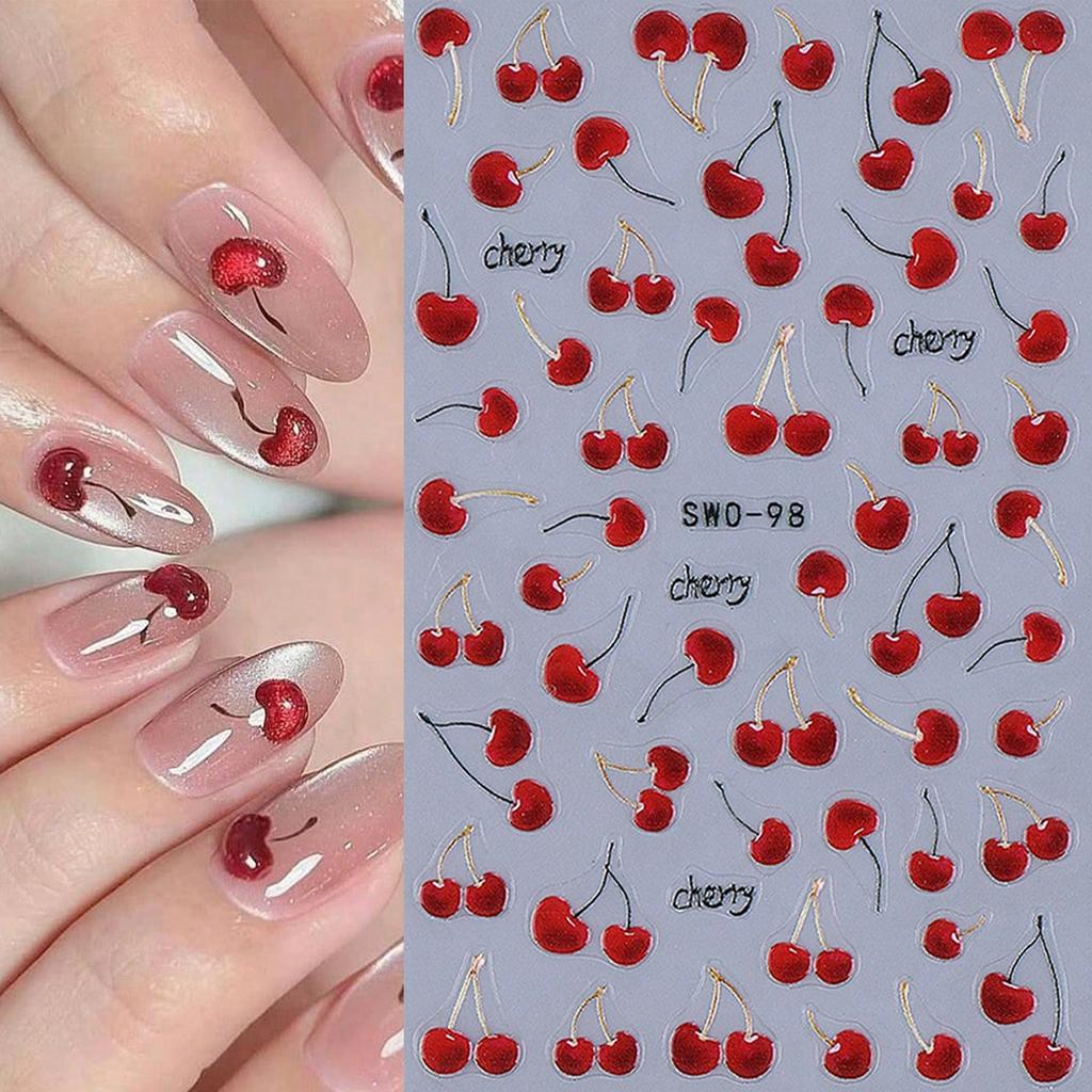 1pc 3D Super Cute Juicy Cherry Nail Art Stickers, DIY Fruit Nail Stickers, Self-Adhesive, DIY Nail Decor, Nail Accessories
