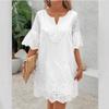 Vestido Branco de Renda de Verão Vazado Bordado Moda Elegante Casual Decote V Rodado Manga Curta Vestido de Linha A Feminino Solto Casual Festa Vestidos de Férias