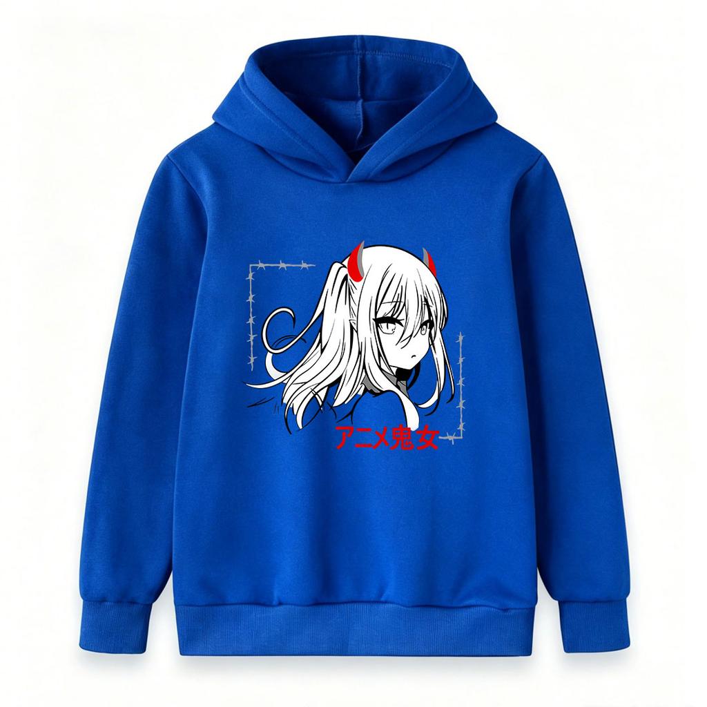 Kids Boys Girls Pullover Hoodie, Anime Demon Girl Horn Printed Casual Long Sleeve Hooded Sweatshirt, Soft Lightweight Streetwear Pullover for Daily We