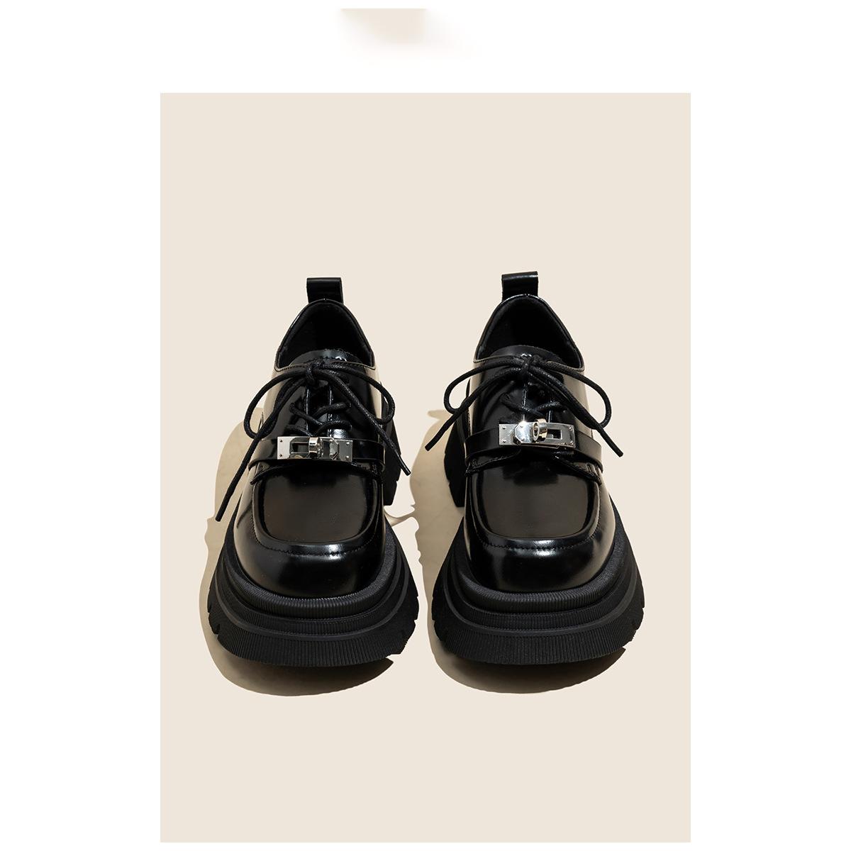 

thick-soled black small leather shoes women s genuine leather summer new lace-up British style versatile loafers single shoes 40 чорний