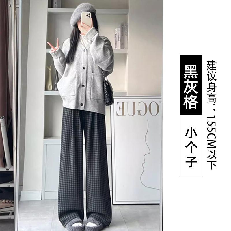Retro plaid straight wide-leg pants women's autumn new high-waisted lazy loose thickened velvet trousers