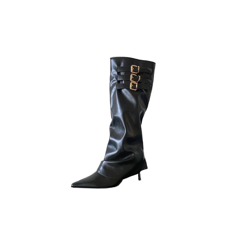 2025 Autumn and Winter New European and American Pointed Head Thin Heel High Heel Temperament French Belt Buckle Fashionable Sexy Beautiful Women Boot