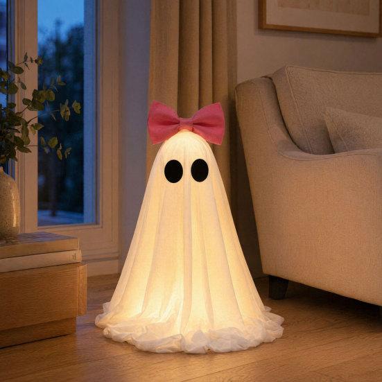 yangyizhi LED Ghost Decoration, Halloween Pink Bow Tabletop Ornament, Soft Fabric Haunted House Decor with Warm Glow for Home