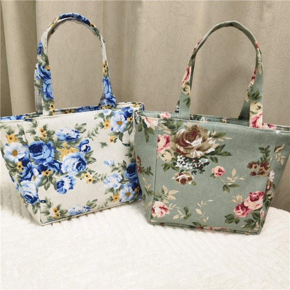 New Fashion Flower Printed Lunch Bag Portable Canvas Handbag Jacquard Zipper Canvas Bag Women
