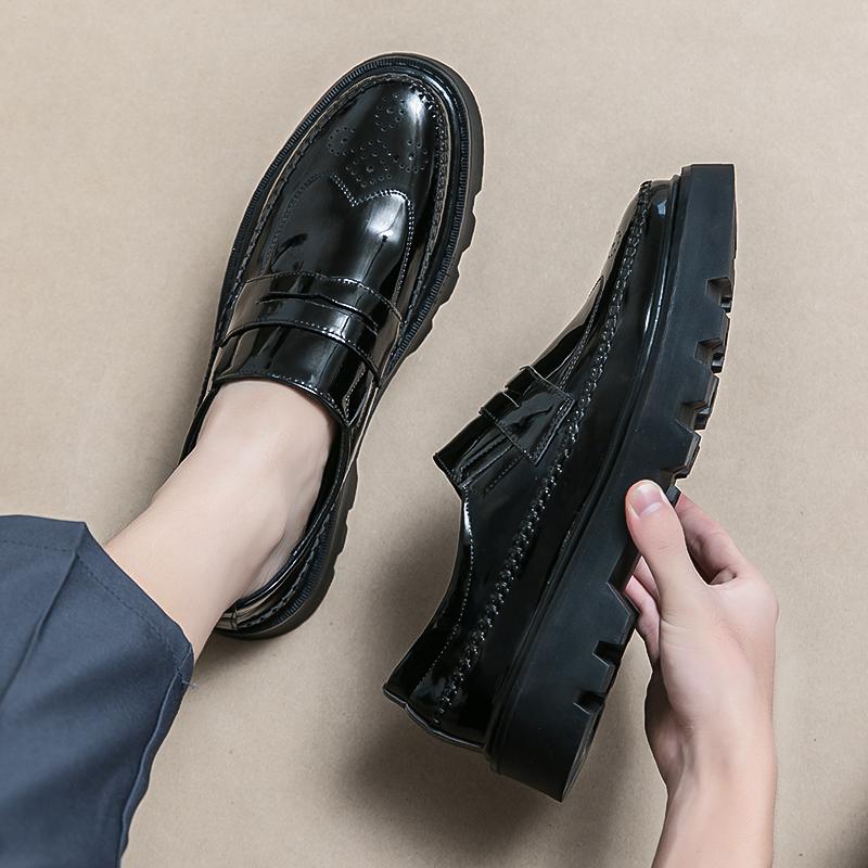 Fashion New Black Patent Leather Loafers Platform Men Shoes Round Toe Solid Slip-On Size 38-44 Mens Shoes