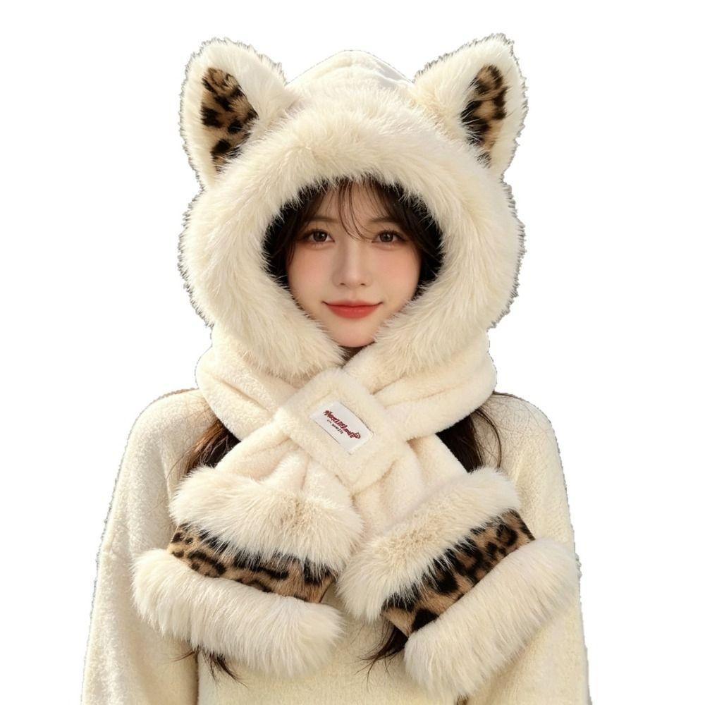 Polyester Plush Hat Scarf Set Leopard Fox Ear Hat Set Cozy Hooded Neck Warmer For Women