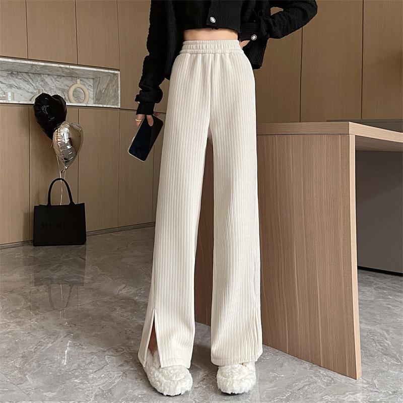 Plüsch-Jogginghose Damen Herbst Winter Hohe Taille Entspannte Weitbeinige Hosen Ins Schlitz Slim Bodenlange Hose