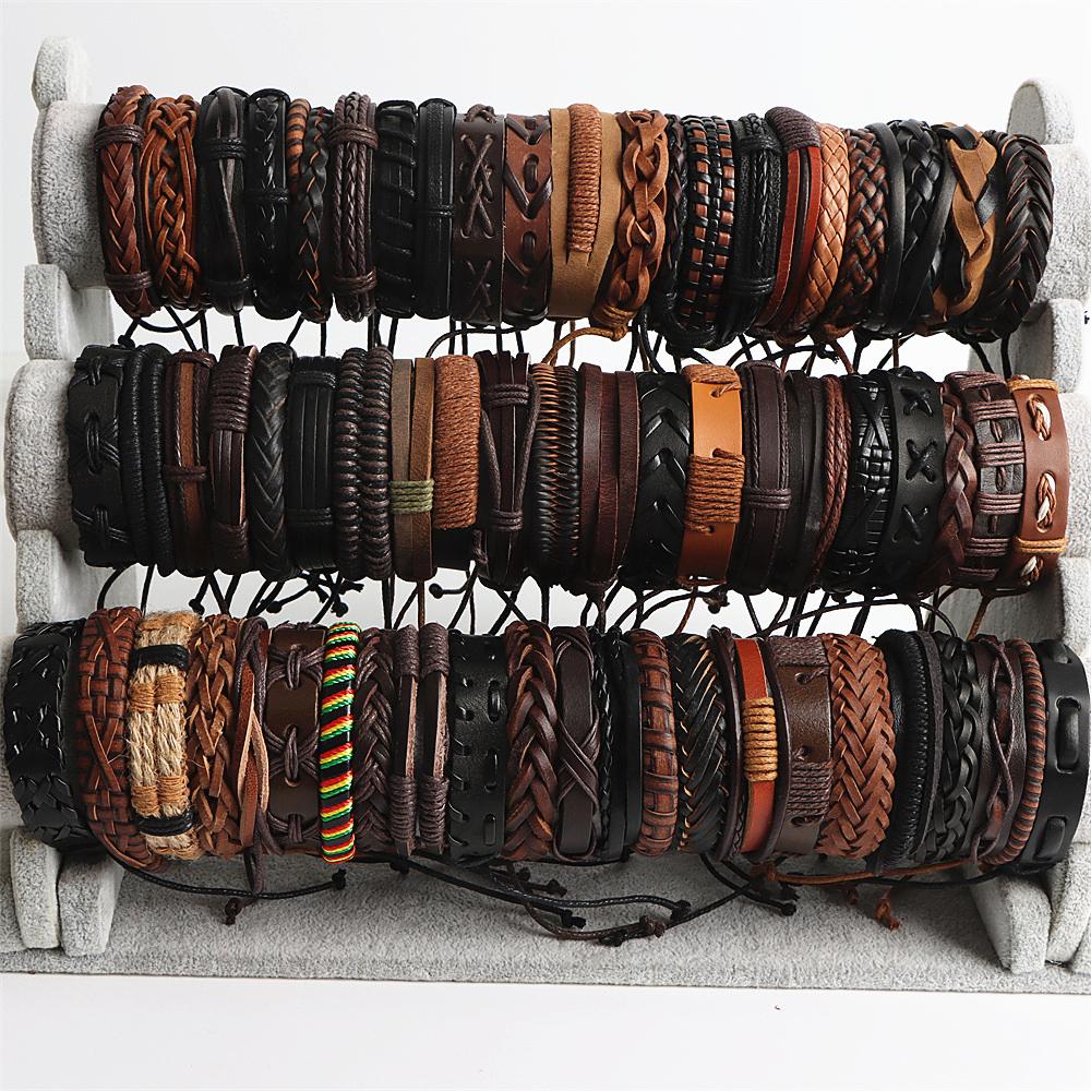 20pcs /Lot Handmade Retro Vintage Leather Cuff Bracelets Colorful Bangle Jewelry For Women Men Mix Styles Adjustable Party Gifts