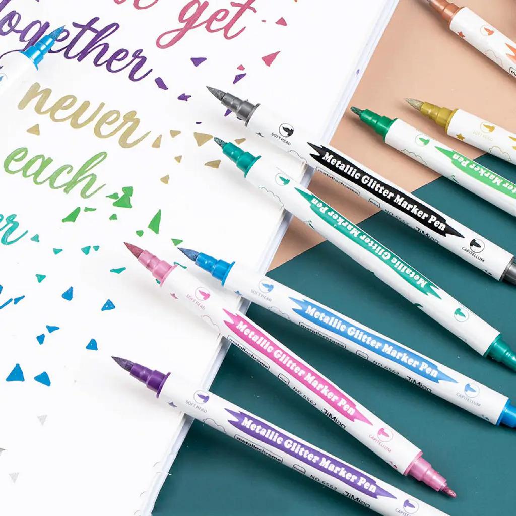 10pcs Metallic Glitter Dual Tip Marker Pens, with Brush And Fine Nibs, For Album DIY, Black Cards, Scrapbooking, Craft Supplies