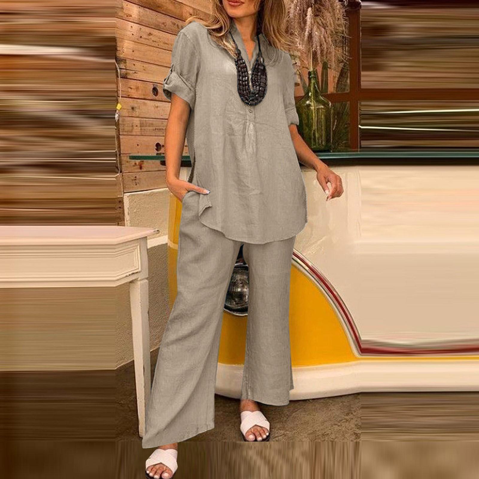 

Женский модный повседневный однотонный топ с короткими рукавами и v-образным вырезом на пуговицах, брюки с девятью очками, свободный костюм из двух предметов XXXL