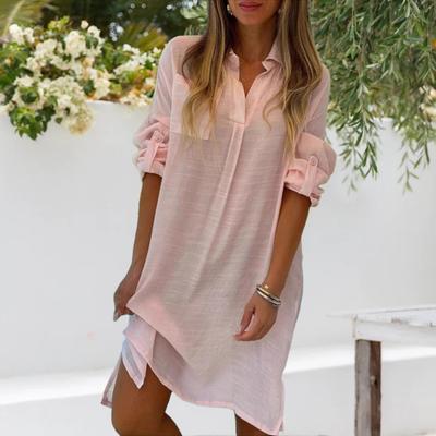 Lady Beach Shirt Dress with Cufflinks Thin Loose Side Slit Midi Dress Turn-down