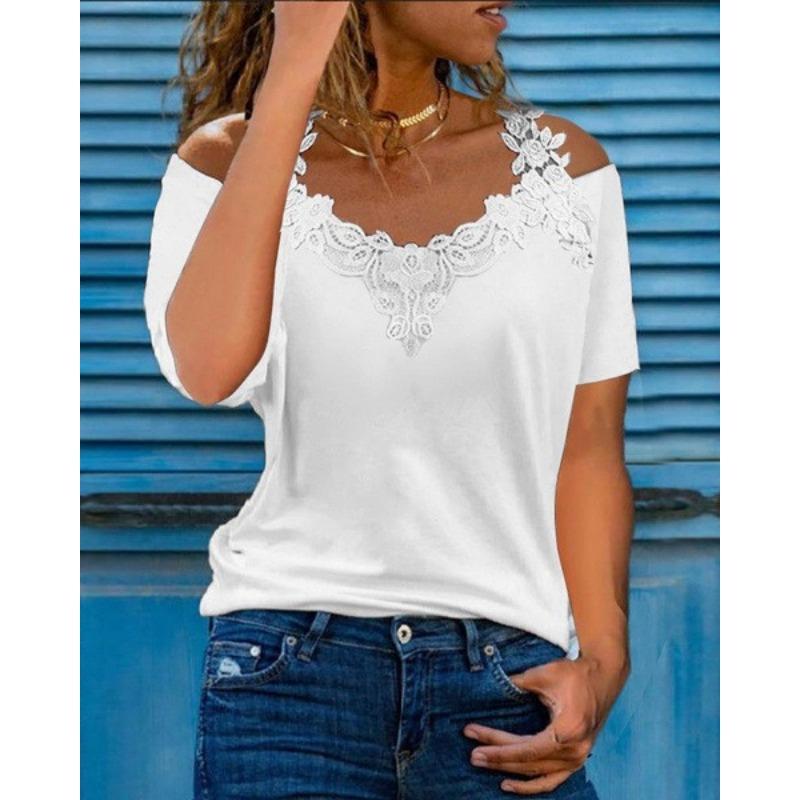 V-neck Patchwork Short Sleeved Lace Casual Loose T-shirt for Women