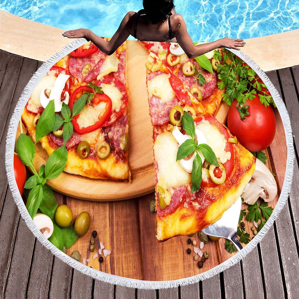 Round Beach Towel Delicious Pizza Pattern Round Beach Blanket Large Lightweight Beach Towel Quick Dry Absorbent Soft Pool Towel
