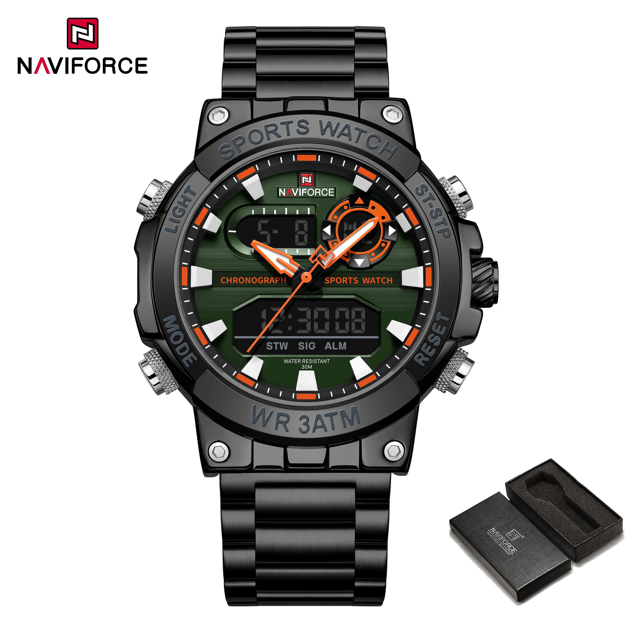 

Оригінальний годинник NAVIFORCE для чоловіків, цифровий дисплей, кварцовий, календар, наручний годинник, ремінець з нержавіючої сталі, люмінесцентний, водонепроникний, модний чоловічий годинник NF9237 чорний/зелений