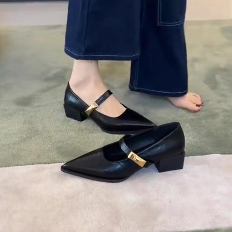 

Retro Beautiful Pumps Low Heeled Pointed Women Single Shoes Shallow Mouth Metal Buckle Pumps Banquet Thick Heel Work Shoes 35