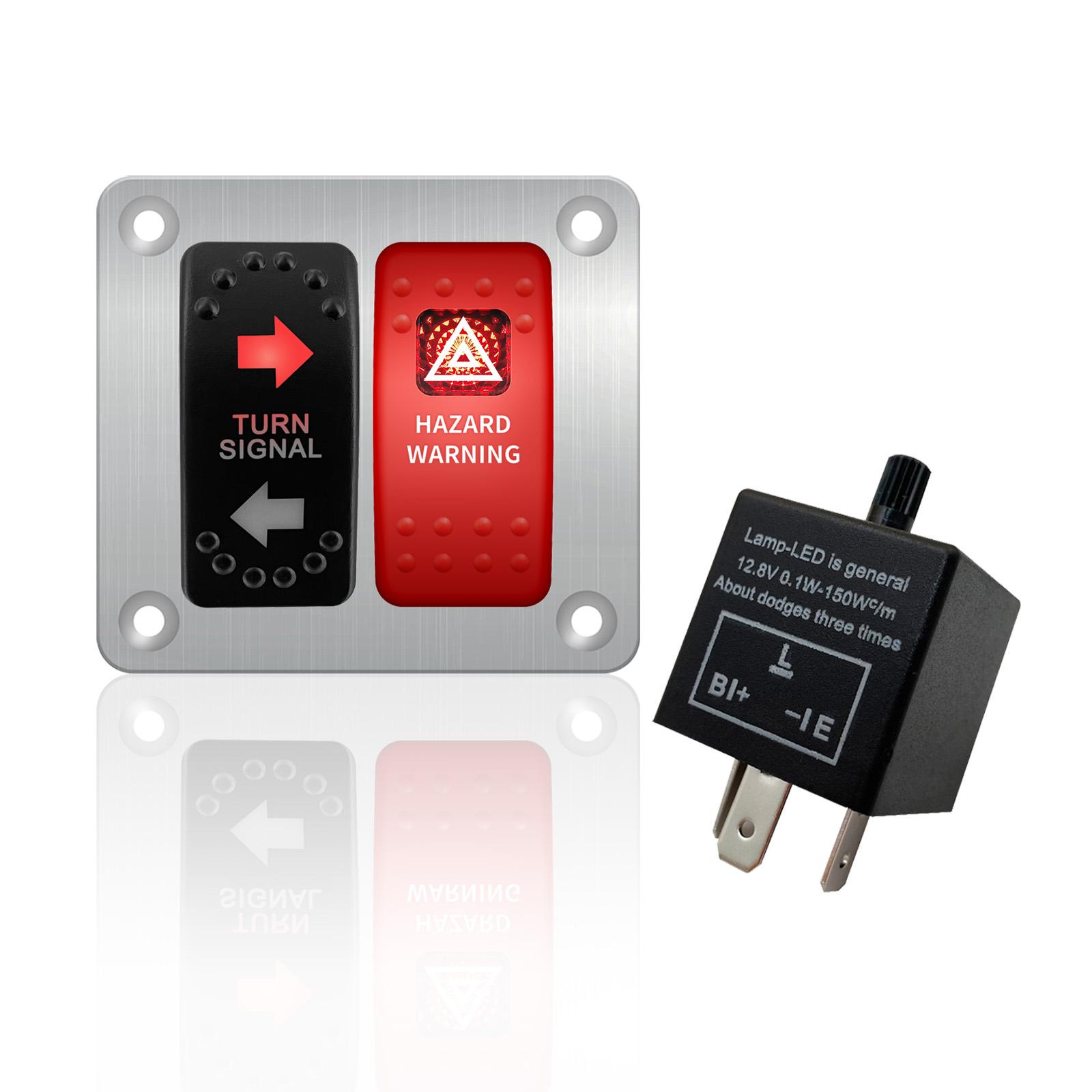 Car Turn Signal + Hazard Switch Panel With Flasher Relay 2 Gang Aluminum Panel Kit Waterproof 12V 20A серебряный