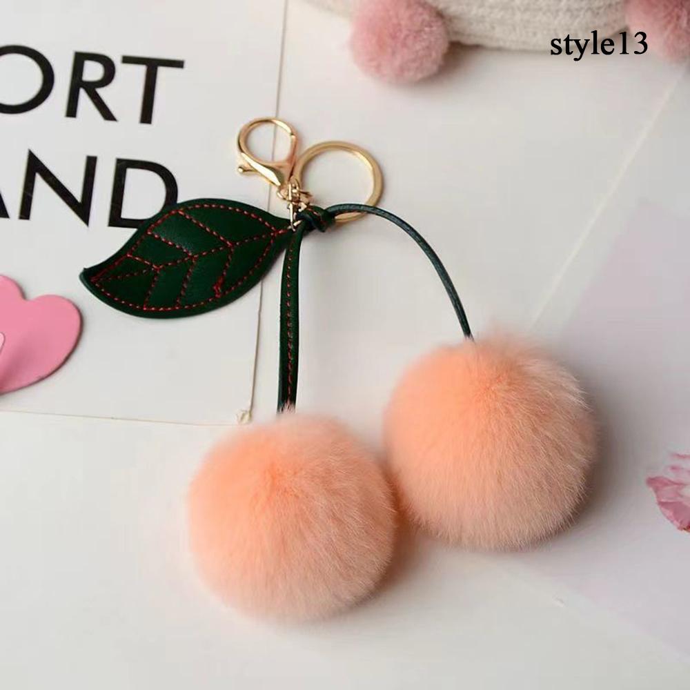 Keychain Key Fob Bag Pendant Fluffy Cherry Keyring Bag Hanging Leaf Artificial Rabbit Fur Ball Key Holder Plush Bag Accessories