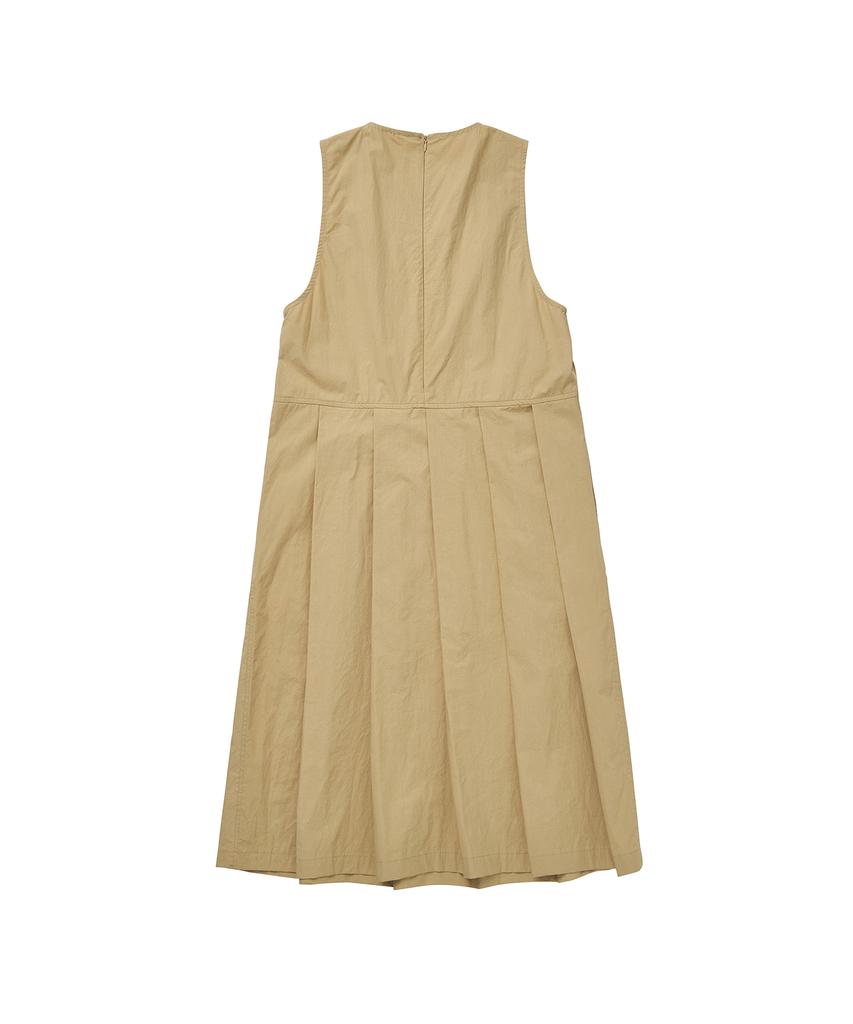 Cotton Bell Pleated Skirt Dress - Beige