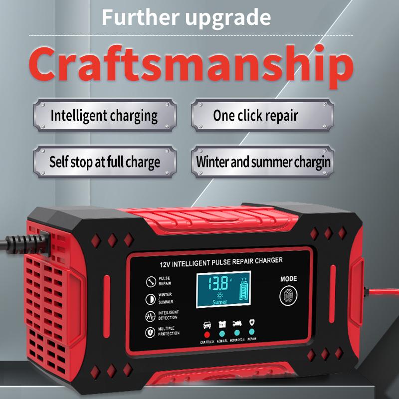 6A 12V Intelligent Car Battery Charger Car and Motorcycle Battery Charging Unit Lead-Acid Battery Repair LCD Display
