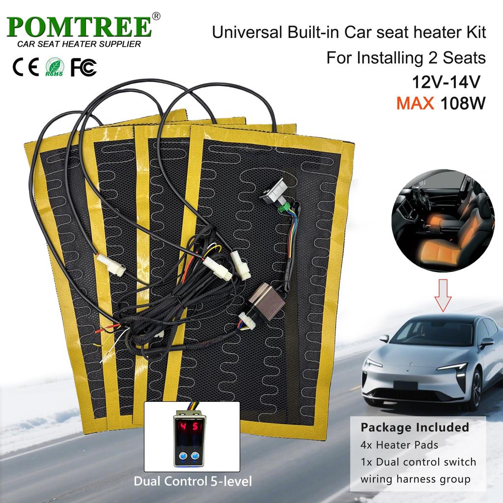 Kit Chauffant Universel Intégré pour Siège Auto 12V Convient pour 2 Sièges avec 4 Pièces de Tapis Chauffants en Fil d'Alliage 108W et Interrupteur de Commande Double à 5 Niveaux