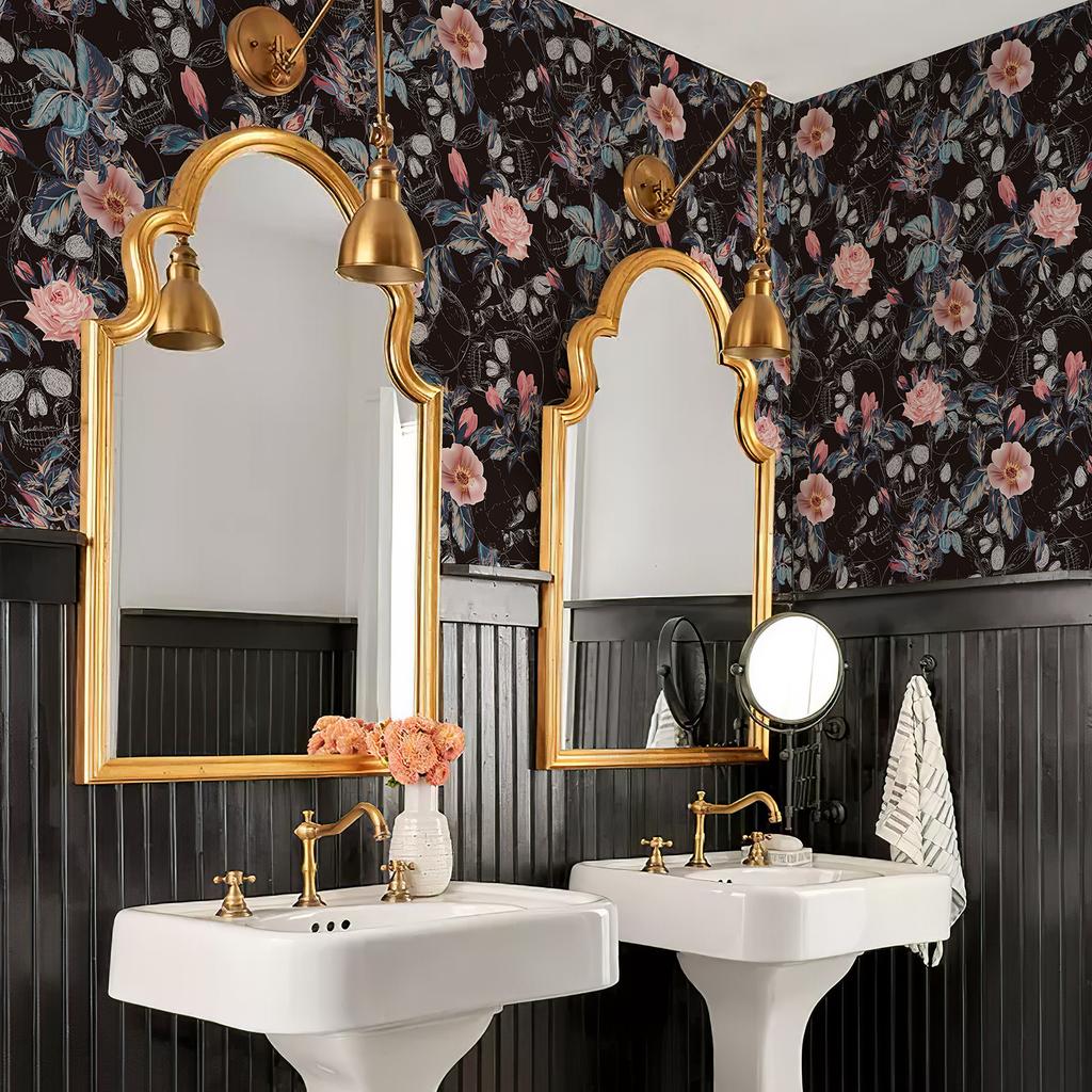 Retro Halloween Schädel Rose Wandverkleidung Wasserabweisend Abziehbar und Aufklebbar Festival Wandkontaktpapier Schick Rosa Blume Schrankaufkleber