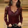 Slim Fit Long Sleeve Women Blouse Low Cut Lace Sleeve V-neck Hot Drilling Blouse Streetwear