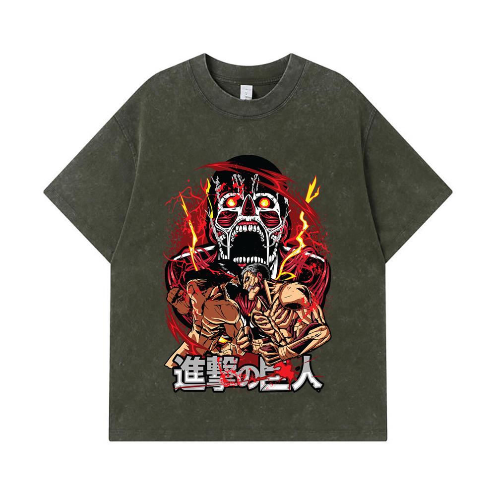 

275 GSM Washed T-shirts 100% Cotton Attack on Titan V8 Print Unisex Heavy Cotton T Shirt S армия зеленый