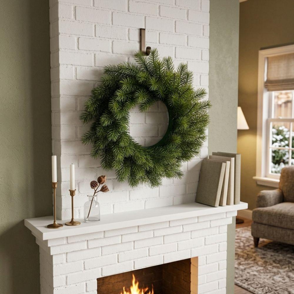 Snowy Christmas Pine Wreath Red Berries Plastic Frosted Pine Berry Wreath Evergreen Round Pine Needles Door Wreath