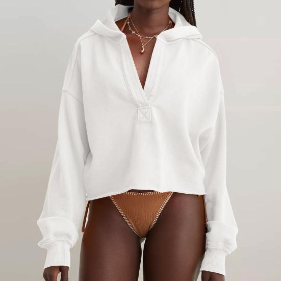 Women's Cropped Sweatshirt Loose Long Sleeve V Neck Hoodies Casual Hooded Pullover Crop Workout Top