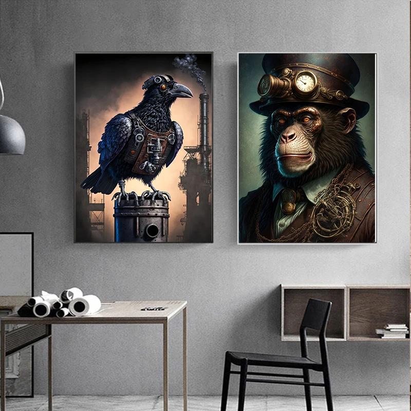 Vintage Steampunk Cat City Retro Animals Owl Raven Frog Monkey Wall Art Posters Canvas Painting Prints Pictures Home Room Decor