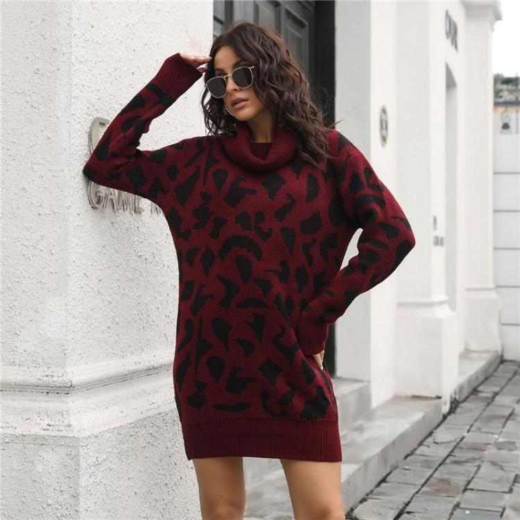 

Knit Women Casual Loose Waist Above Knee Leopard Print Full Sleeve Straight Collar Mini Sweater Fall Spring Dress S-L L вина червоного кольору