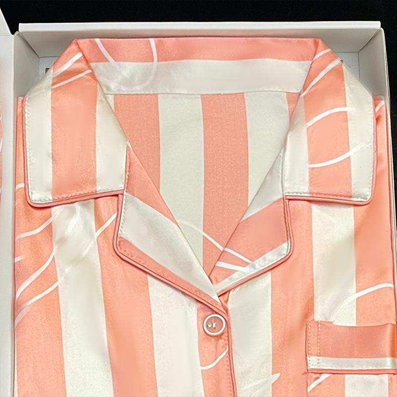Pajamas Women'S Summer Thin Cool Short-Sleeved Style Cute Striped Imitation Silk Loungewear Set