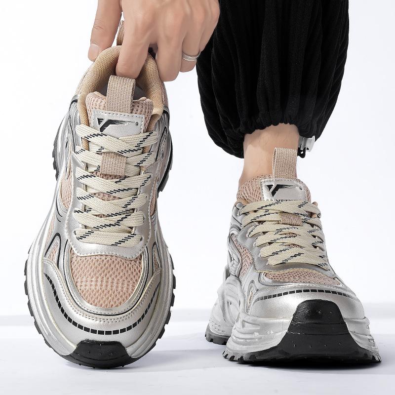 New waterproof leather surface solid color lightweight casual sports shoes thick sole heightening fashionable versatile comfortable dad shoes