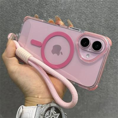 Luxury Shockpoof Bumper For Magsafe Case for iPhone 16 Plus 15 14 13 Pro Max Soft Silicone Magnetic Cover With Lanyard Loop Rope