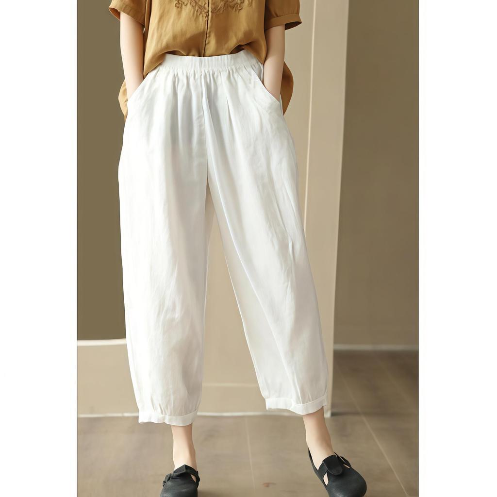 Pantaloni a Nove Punti Retro a Gamba Larga in Cotone e Lino con Vita Elasticizzata per Taglie Forti