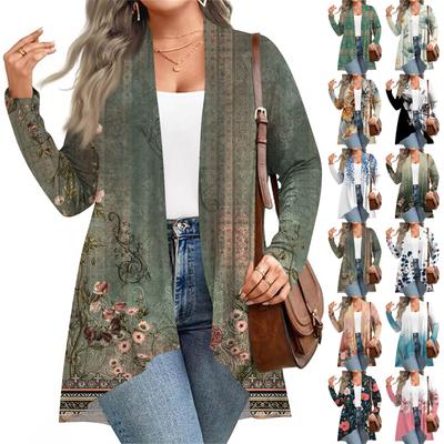 Women's Fall And Winter Fashion Casual Print Long Sleeve Mid-Length Cardigan Jacket