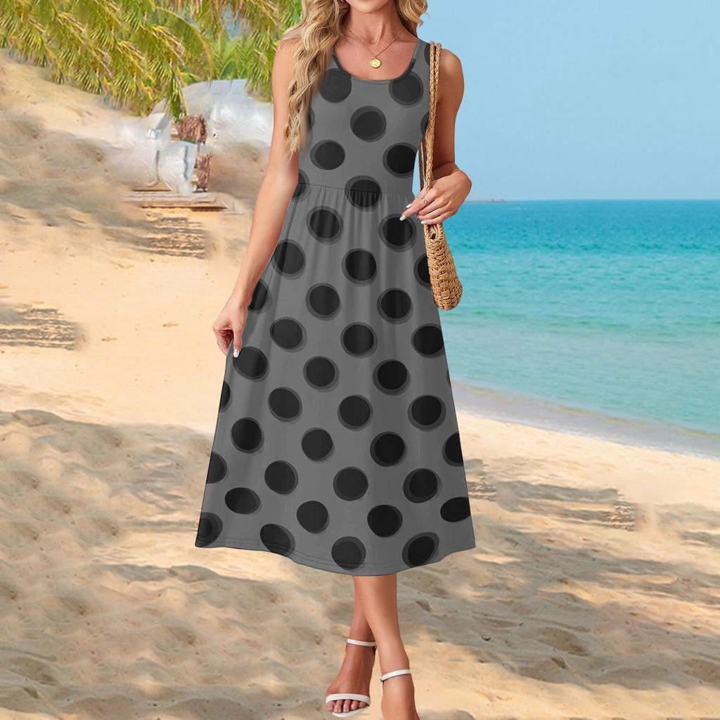 Women's Polka Dot Print Short Sleeve Midi Dress with Pockets for Beach Vacation and Casual Summer Wear